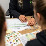 Diëtiste zit aan een bureau en bespreekt een voedings- en voedingsschema met cliënten, met meetlint, voedingskaarten en een persoonlijk plan zichtbaar op tafel.